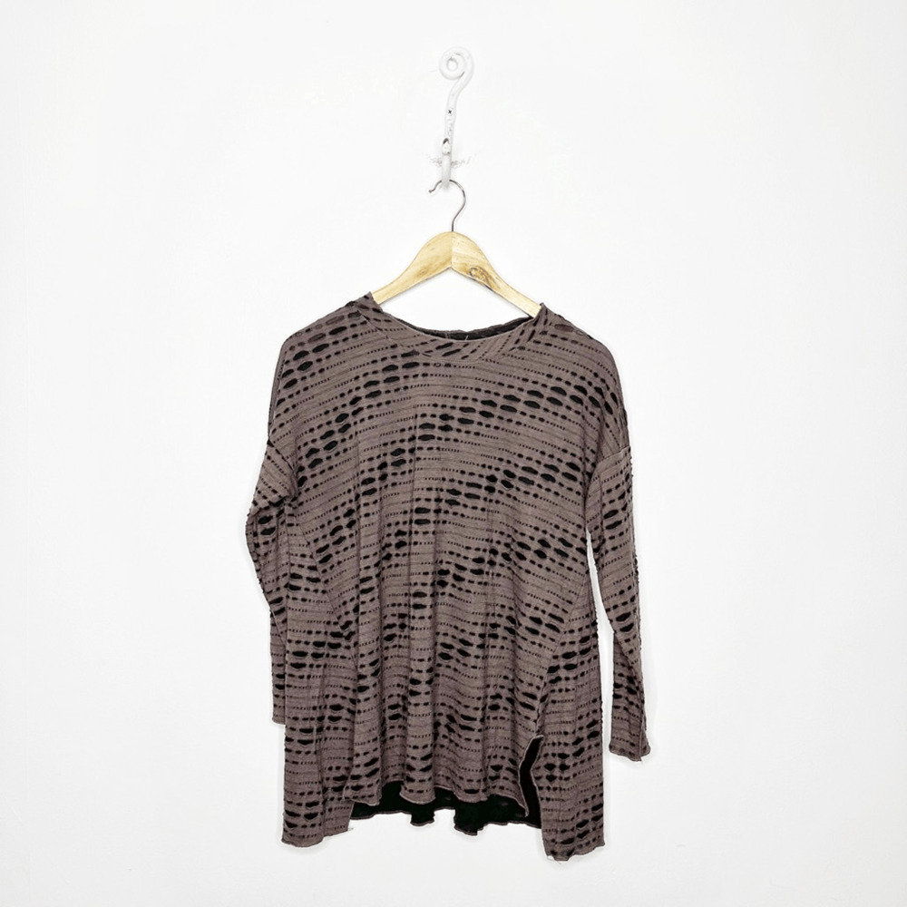 COMFY USA Perforated Wide neck long sleeve tunic brown lagenlook womens XS